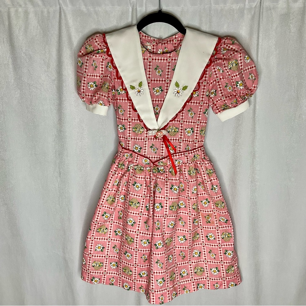 Vintage Bonnie Mode Kids Girl Dress Made in Mexico Size 10 Red White Daisy